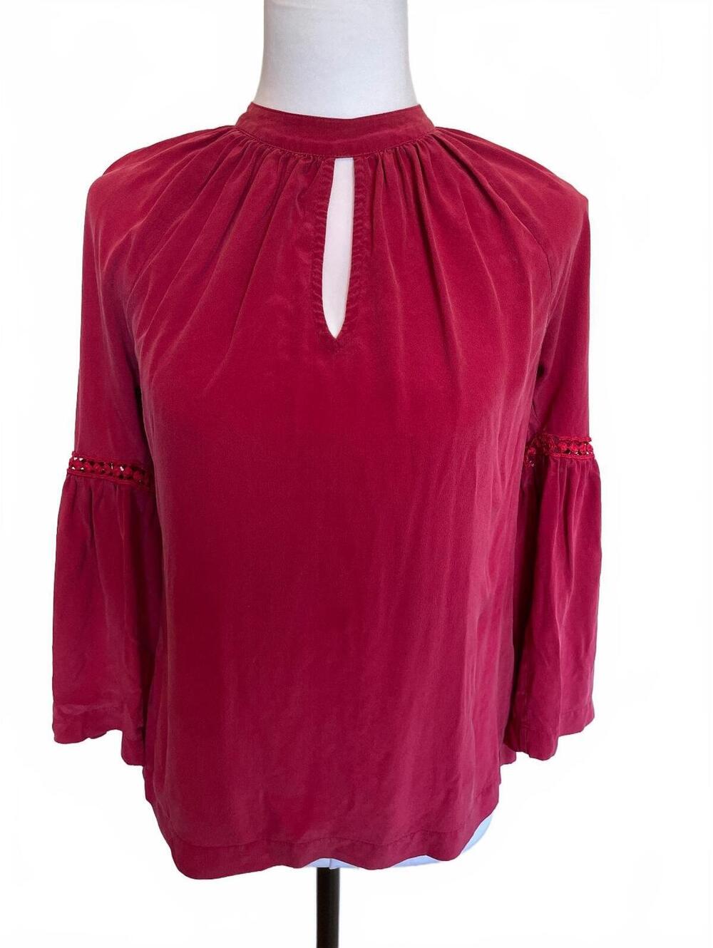 Trina Turk Brinley Red Garnet 100% Silk Bell Sleeve Blouse XS